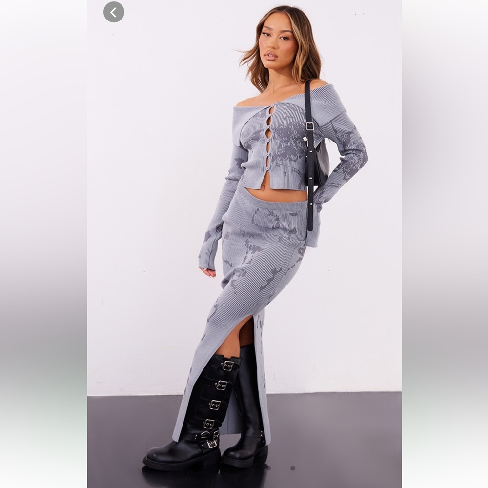 PLT Grey Long Sleeve Printed Knitted Cropped Cardigan and Midaxi Skirt Set
